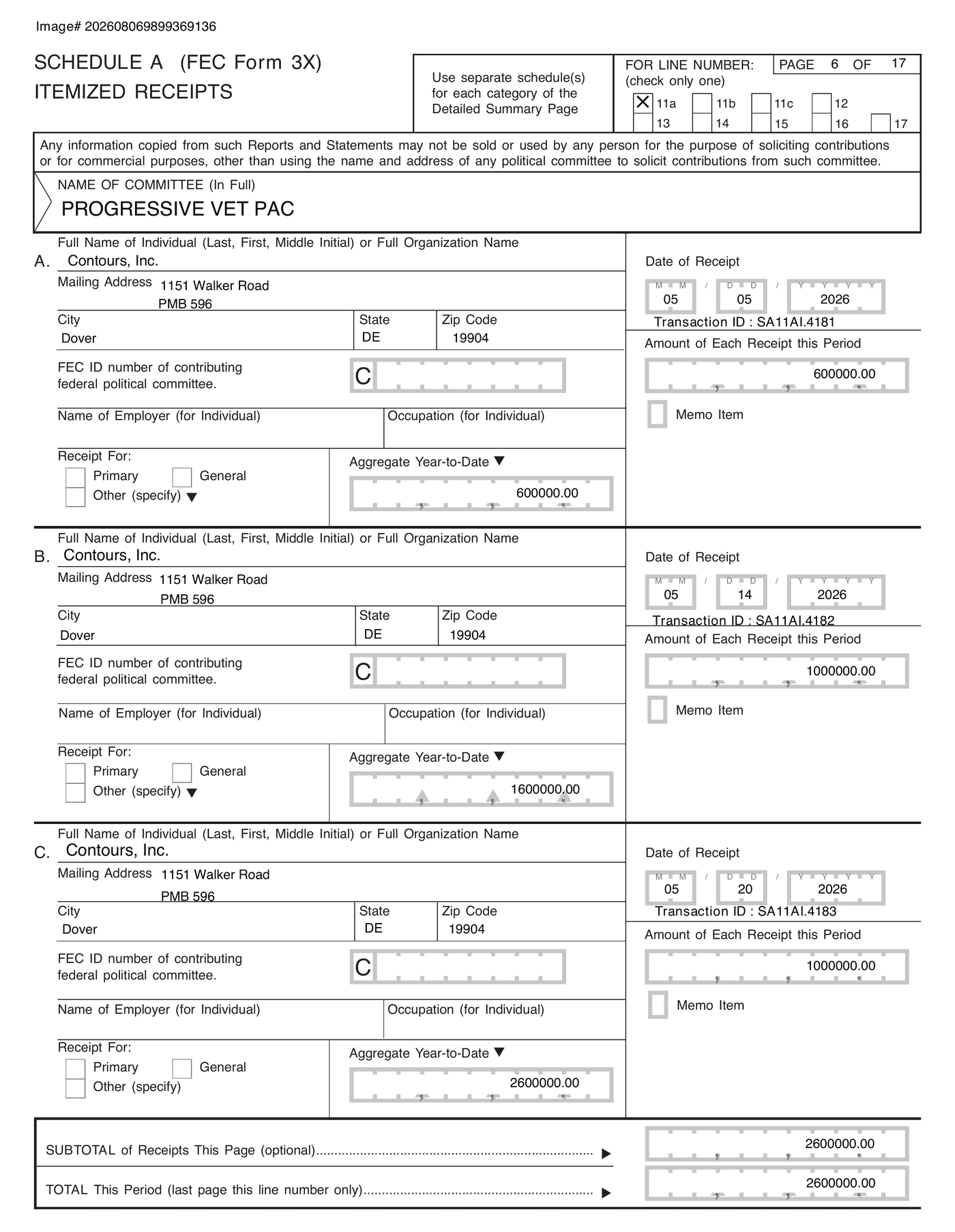 A page of a Federal Election Commission form headed “Schedule A (FEC Form 3X) Itemized Receipts,” page 6 of 17, for Progressive Vet PAC. It lists three receipts from “Contours, Inc., 1151 Walker Road, PMB 596, Dover, DE 19904”: 600000.00 on 05 05 2026, 1000000.00 on 05 14 2026 and 1000000.00 on 05 20 2026. The subtotal for the page is 2600000.00.