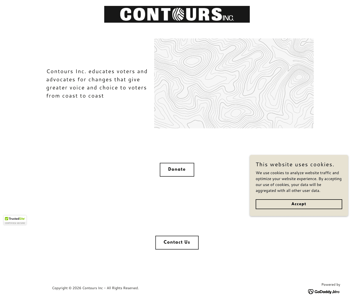 A web page with a black banner that reads Contours Inc. Under it, at the left, is one sentence: “Contours Inc. educates voters and advocates for changes that give greater voice and choice to voters from coast to coast”. Beside the sentence is a drawing of contour lines. Below are two buttons, Donate and Contact Us, a notice about cookies, and a copyright line.
