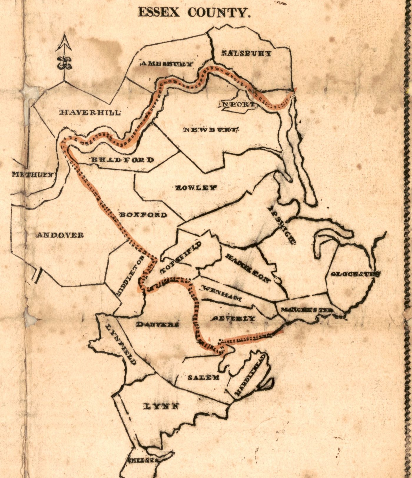 A printed map headed Essex County, from the Boston Gazette of March 9, 1812, with every town outlined and named. A dotted line, colored red on this copy, divides the county into two state senate districts. The outer one runs from Salisbury and Amesbury in the north through Haverhill, Methuen, Andover, Middleton, Danvers, Lynnfield, Salem, Marblehead and Lynn to Chelsea in the south, and curls around the inner one.