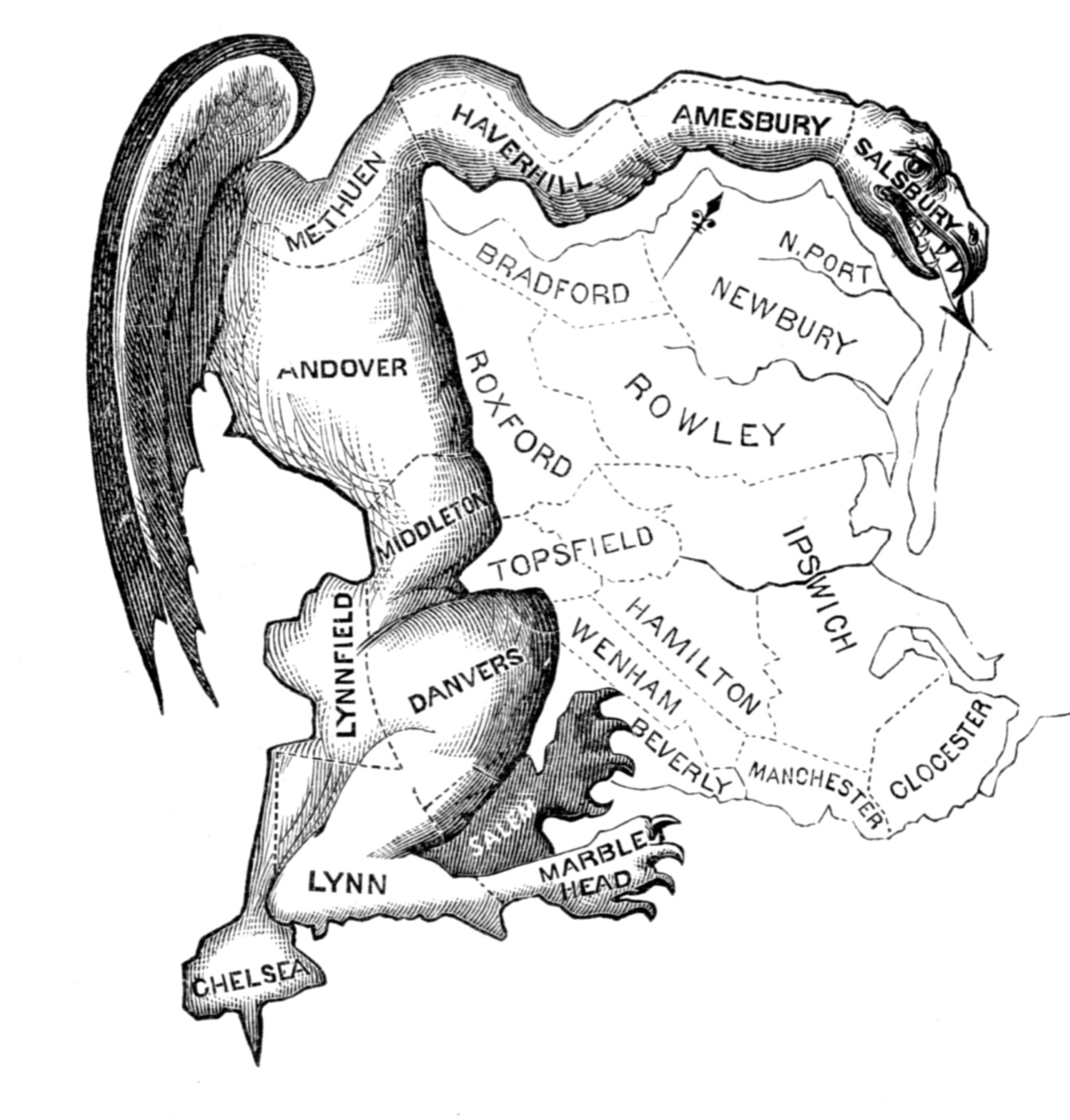 An engraving of 1812: the same outer district drawn as a monster, its towns still named on its body. Salisbury is the head, with teeth and a forked tongue; wings rise behind Methuen and Andover; Salem and Marblehead end in claws. The towns of the inner district are left as plain outlines.