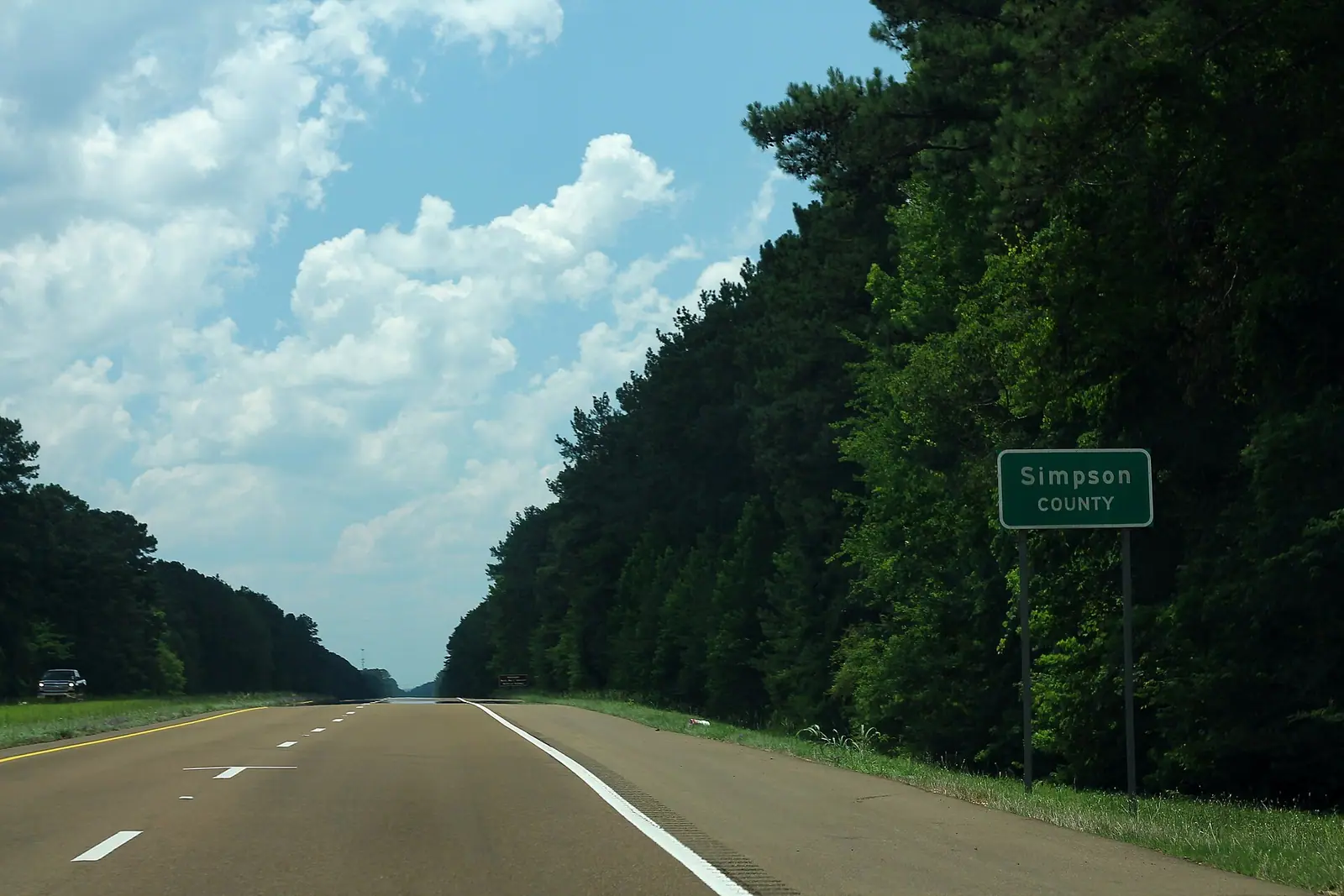 U.S. Route 49 running south between walls of pine forest, past a green sign reading Simpson County.